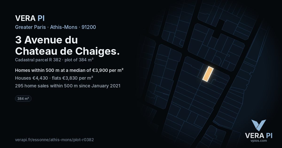 3 Avenue du Chateau de Chaiges, Athis-Mons at night – the plot lit, the parcels around coloured by the prices near them