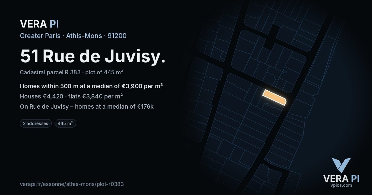 51 Rue de Juvisy, Athis-Mons at night – the plot lit, the parcels around coloured by the prices near them