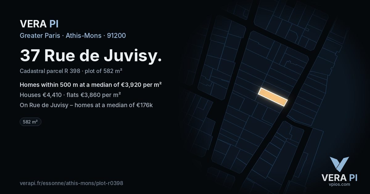 37 Rue de Juvisy, Athis-Mons at night – the plot lit, the parcels around coloured by the prices near them