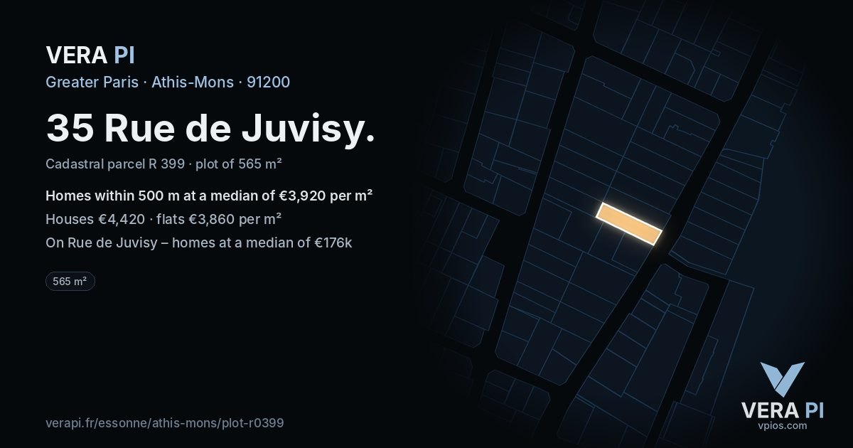 35 Rue de Juvisy, Athis-Mons at night – the plot lit, the parcels around coloured by the prices near them