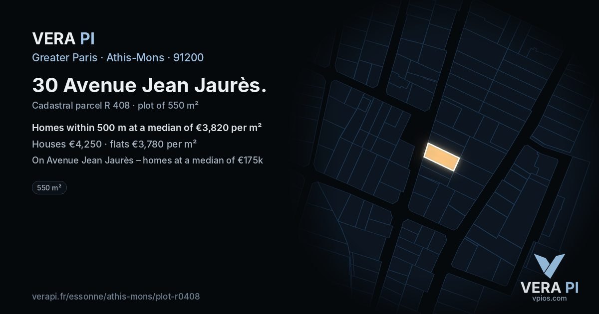 30 Avenue Jean Jaurès, Athis-Mons at night – the plot lit, the parcels around coloured by the prices near them