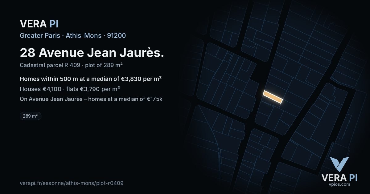 28 Avenue Jean Jaurès, Athis-Mons at night – the plot lit, the parcels around coloured by the prices near them