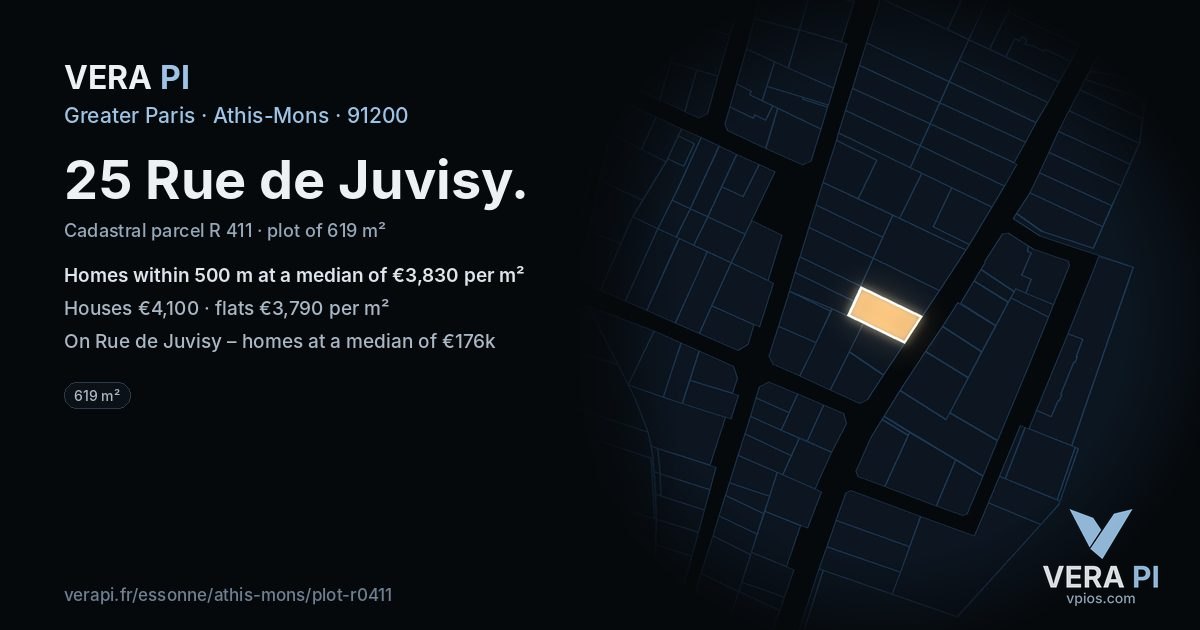 25 Rue de Juvisy, Athis-Mons at night – the plot lit, the parcels around coloured by the prices near them