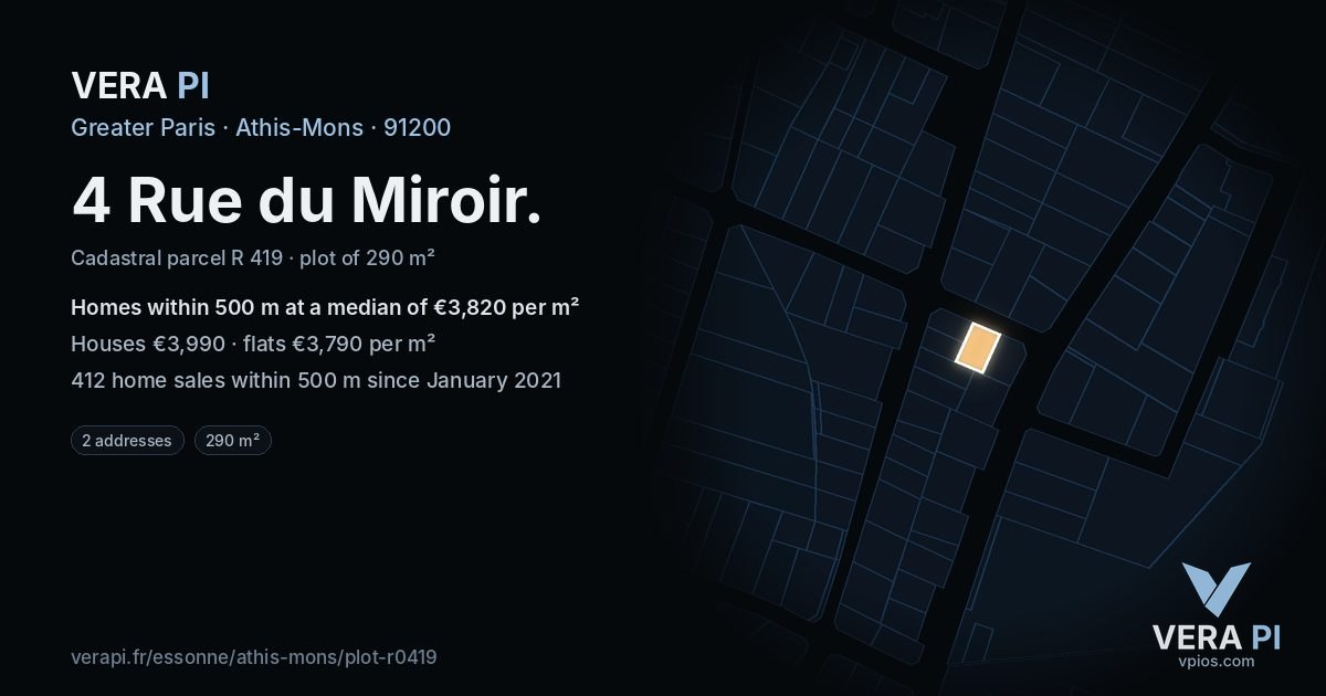4 Rue du Miroir, Athis-Mons at night – the plot lit, the parcels around coloured by the prices near them