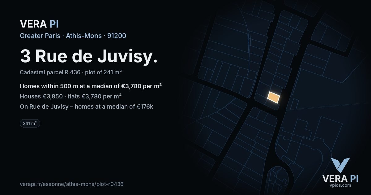 3 Rue de Juvisy, Athis-Mons at night – the plot lit, the parcels around coloured by the prices near them