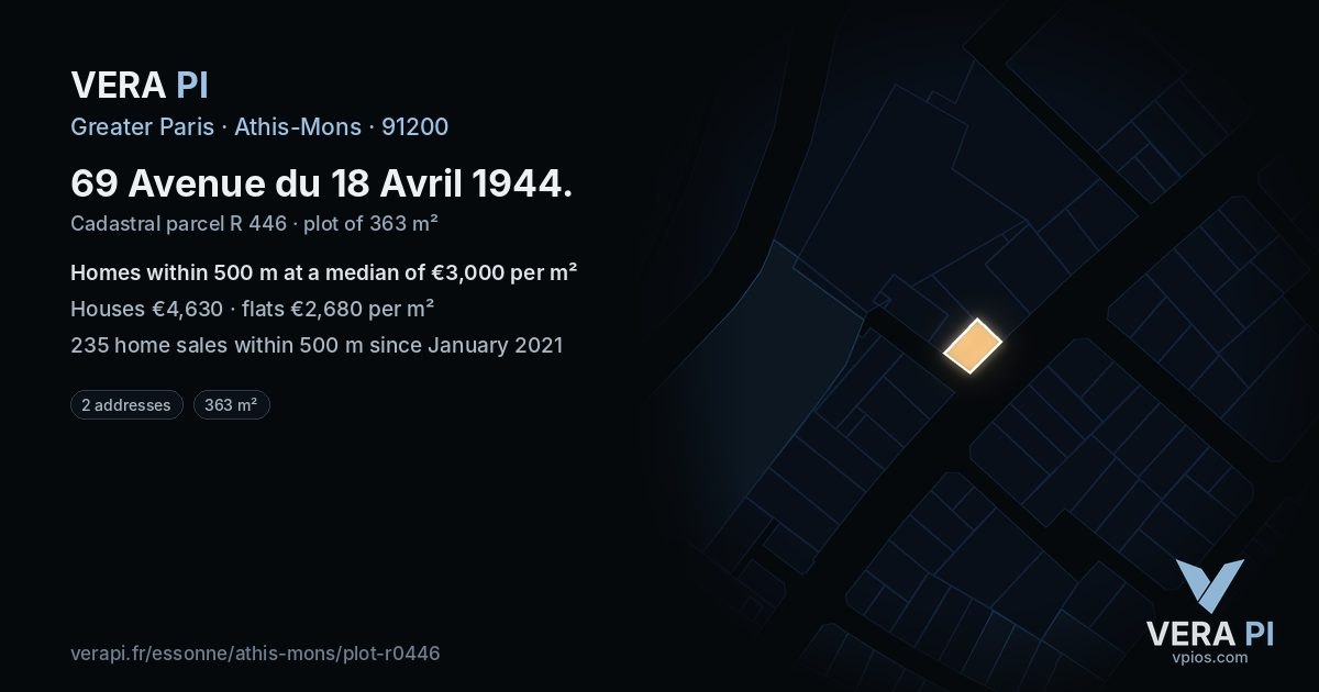 69 Avenue du 18 Avril 1944, Athis-Mons at night – the plot lit, the parcels around coloured by the prices near them