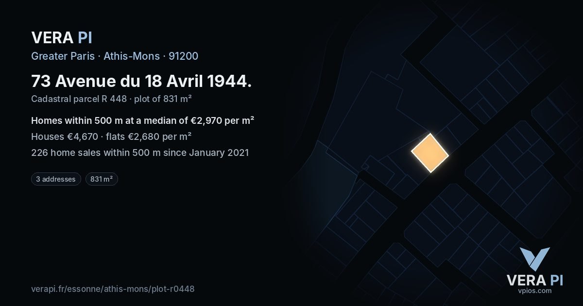 73 Avenue du 18 Avril 1944, Athis-Mons at night – the plot lit, the parcels around coloured by the prices near them