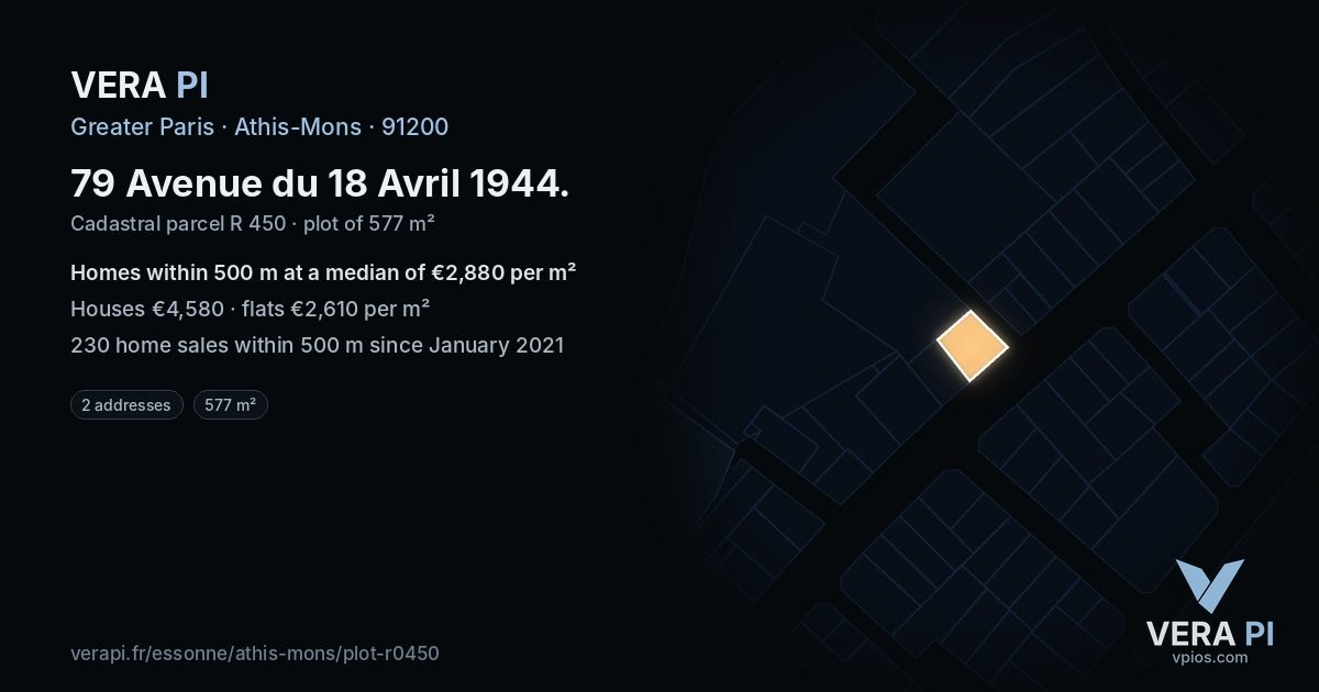79 Avenue du 18 Avril 1944, Athis-Mons at night – the plot lit, the parcels around coloured by the prices near them