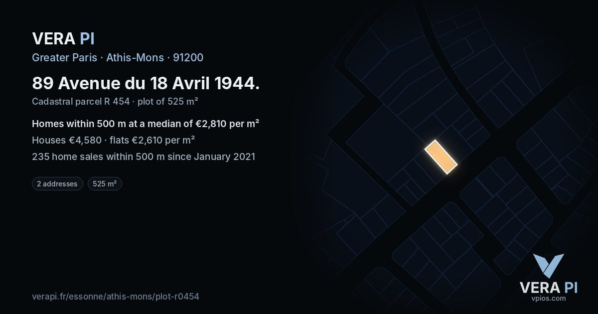 89 Avenue du 18 Avril 1944, Athis-Mons at night – the plot lit, the parcels around coloured by the prices near them