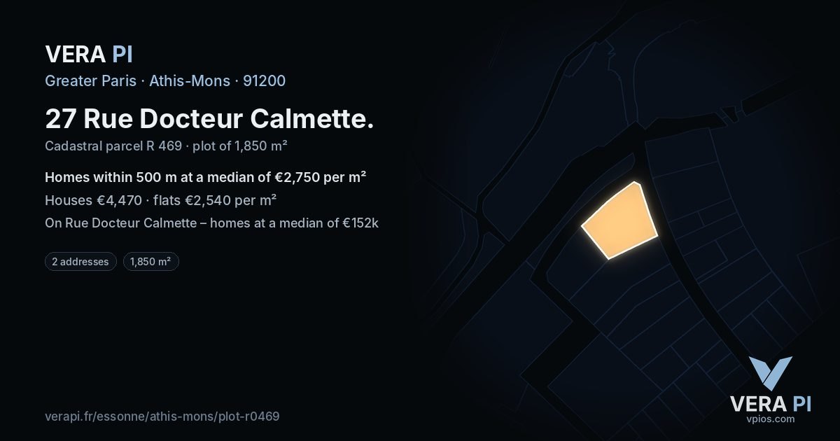 27 Rue Docteur Calmette, Athis-Mons at night – the plot lit, the parcels around coloured by the prices near them