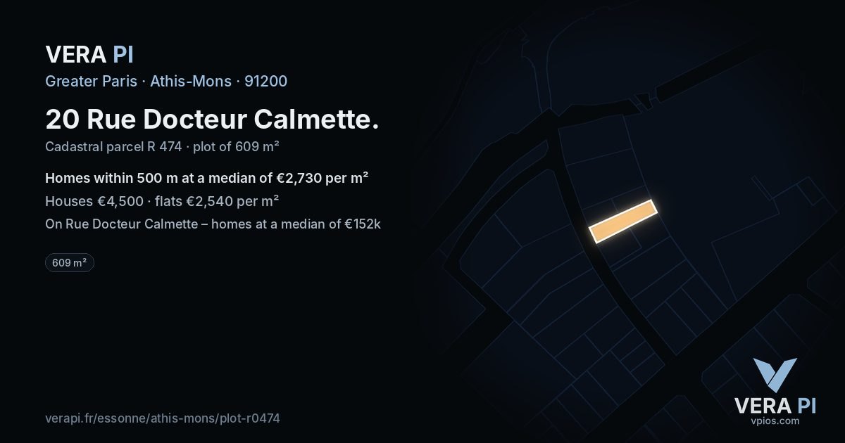 20 Rue Docteur Calmette, Athis-Mons at night – the plot lit, the parcels around coloured by the prices near them