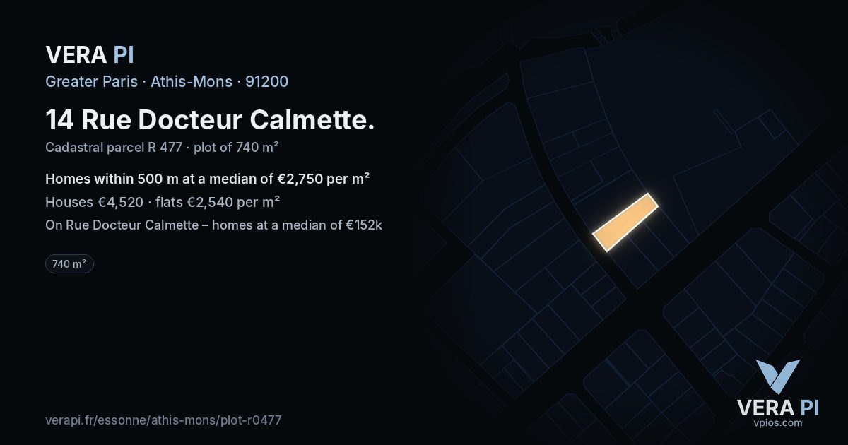 14 Rue Docteur Calmette, Athis-Mons at night – the plot lit, the parcels around coloured by the prices near them