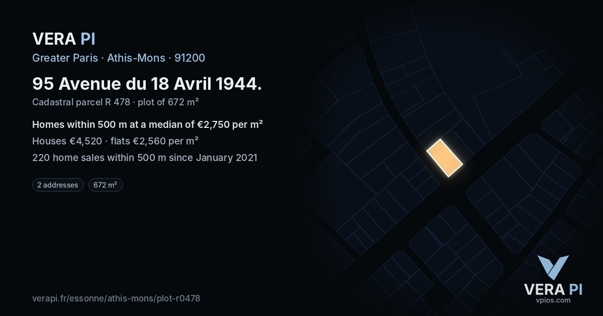 95 Avenue du 18 Avril 1944, Athis-Mons at night – the plot lit, the parcels around coloured by the prices near them