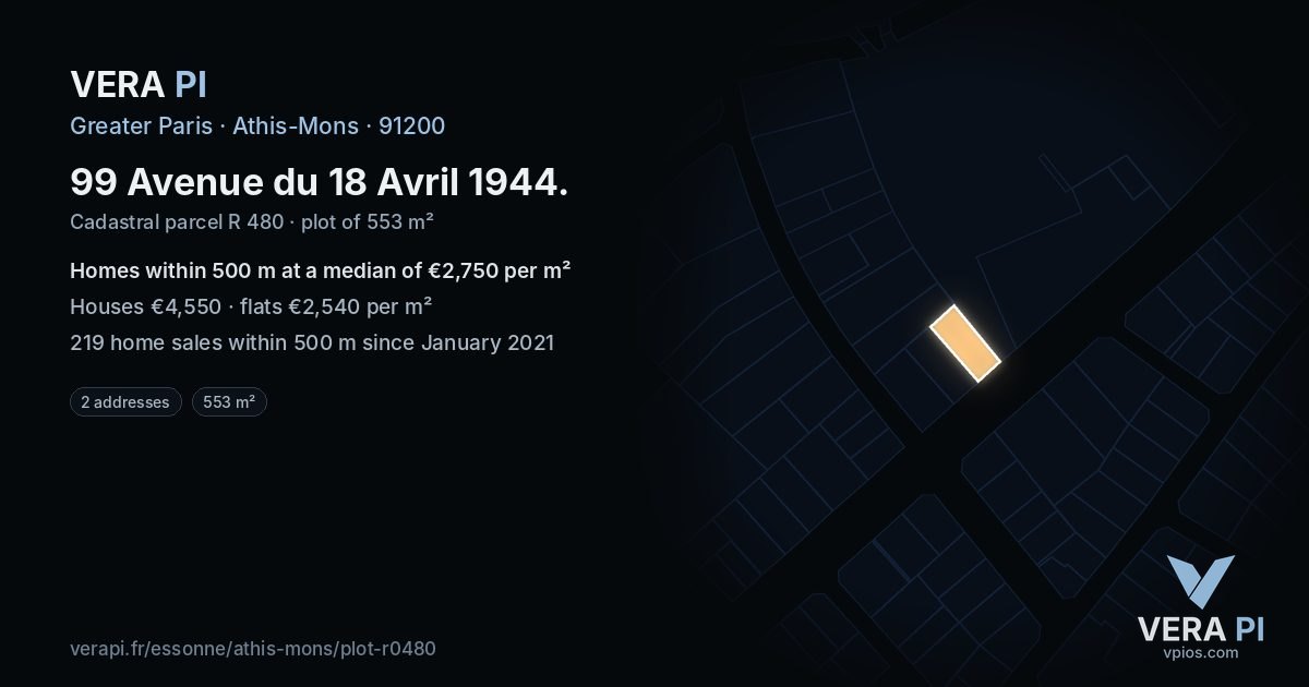 99 Avenue du 18 Avril 1944, Athis-Mons at night – the plot lit, the parcels around coloured by the prices near them