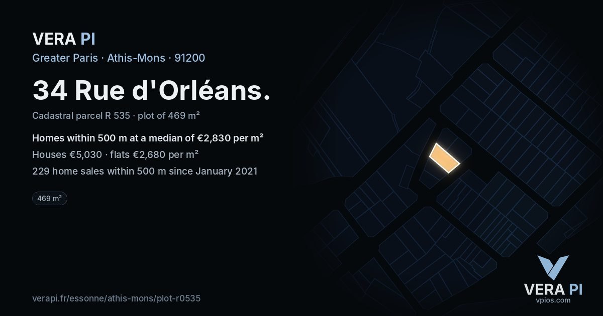 34 Rue d'Orléans, Athis-Mons at night – the plot lit, the parcels around coloured by the prices near them
