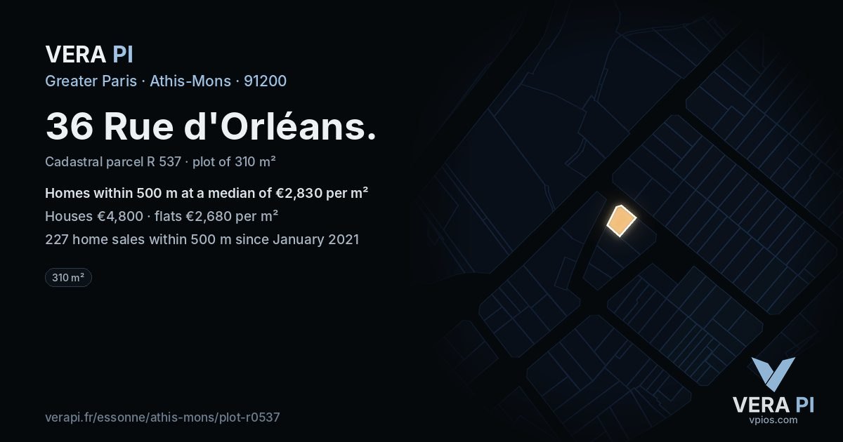 36 Rue d'Orléans, Athis-Mons at night – the plot lit, the parcels around coloured by the prices near them