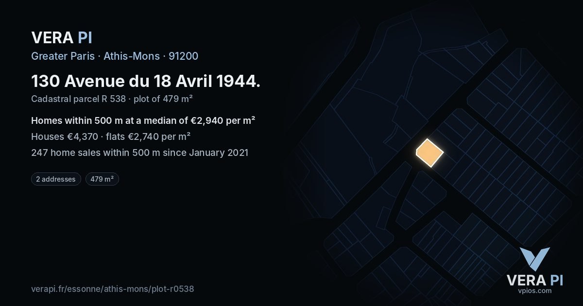 130 Avenue du 18 Avril 1944, Athis-Mons at night – the plot lit, the parcels around coloured by the prices near them