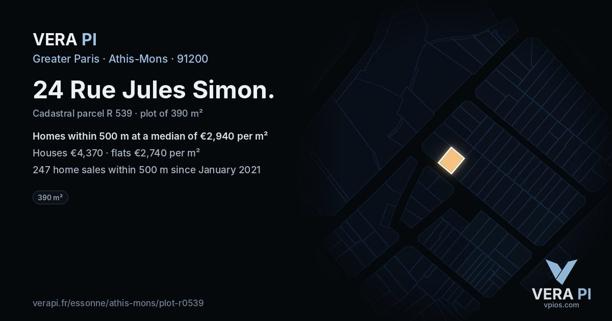 24 Rue Jules Simon, Athis-Mons at night – the plot lit, the parcels around coloured by the prices near them