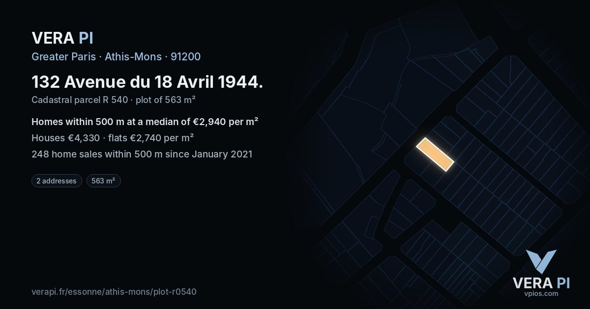 132 Avenue du 18 Avril 1944, Athis-Mons at night – the plot lit, the parcels around coloured by the prices near them