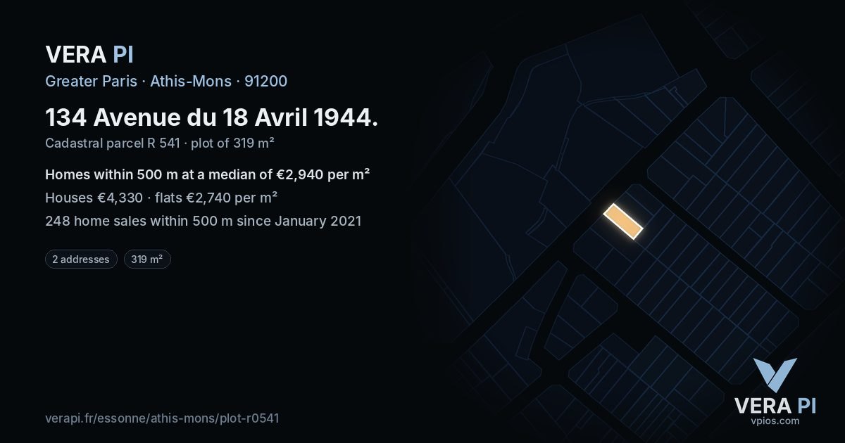 134 Avenue du 18 Avril 1944, Athis-Mons at night – the plot lit, the parcels around coloured by the prices near them
