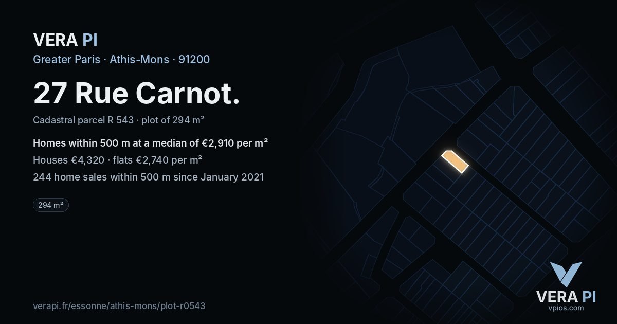 27 Rue Carnot, Athis-Mons at night – the plot lit, the parcels around coloured by the prices near them
