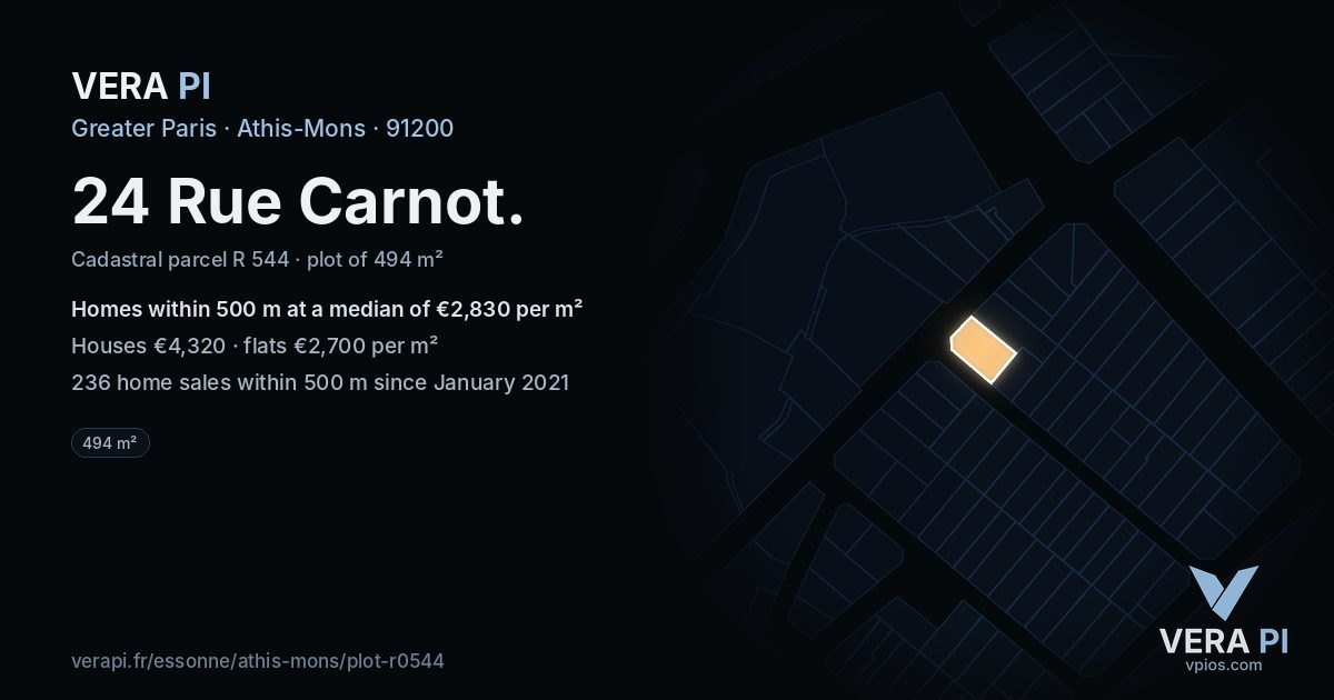 24 Rue Carnot, Athis-Mons at night – the plot lit, the parcels around coloured by the prices near them