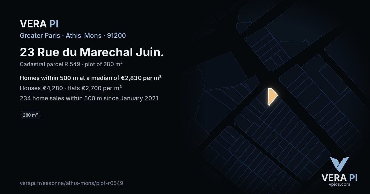 23 Rue du Marechal Juin, Athis-Mons at night – the plot lit, the parcels around coloured by the prices near them