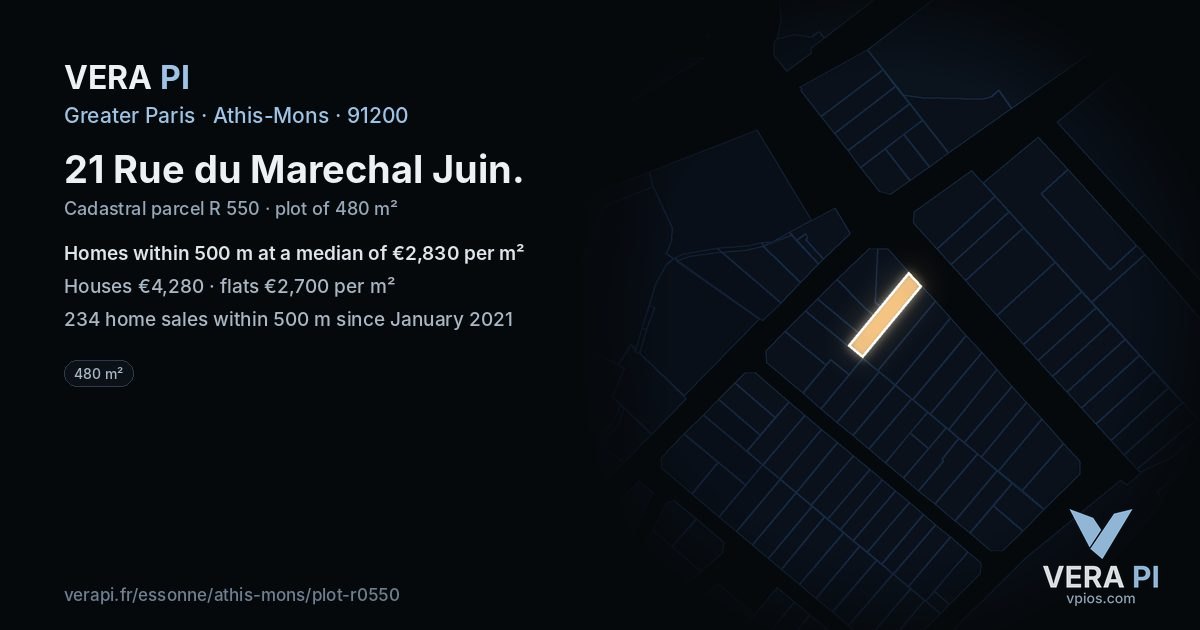 21 Rue du Marechal Juin, Athis-Mons at night – the plot lit, the parcels around coloured by the prices near them