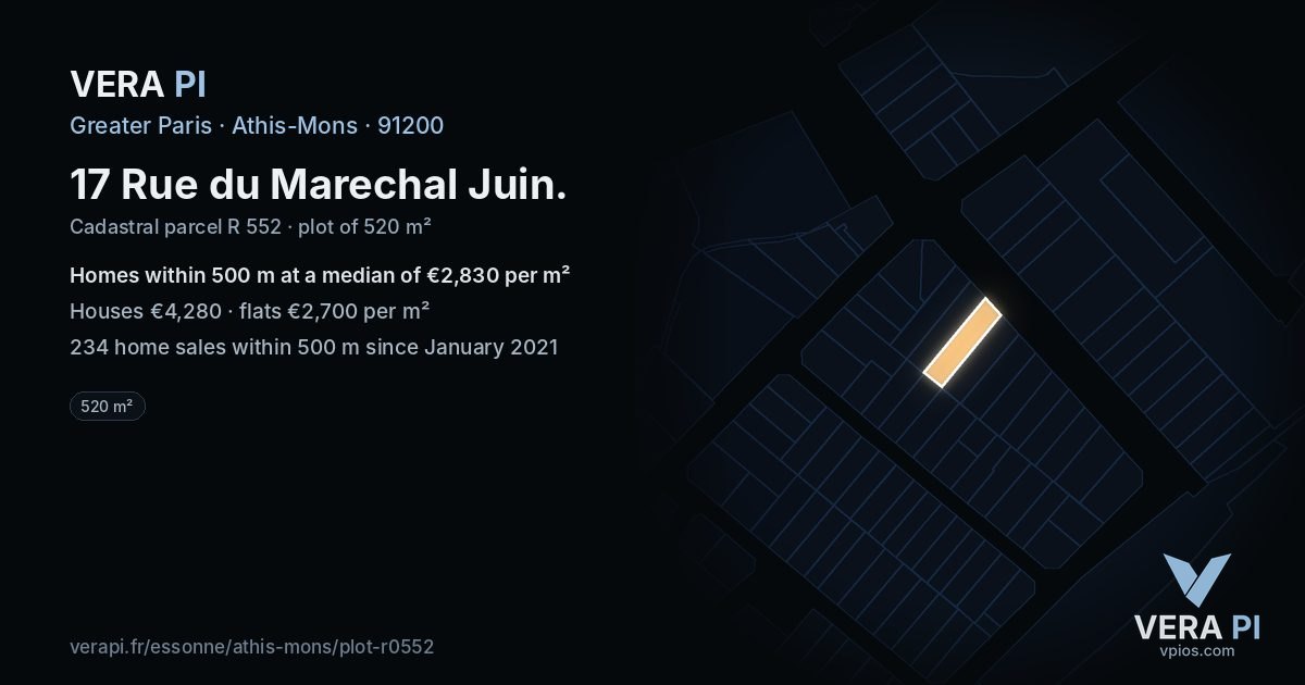 17 Rue du Marechal Juin, Athis-Mons at night – the plot lit, the parcels around coloured by the prices near them