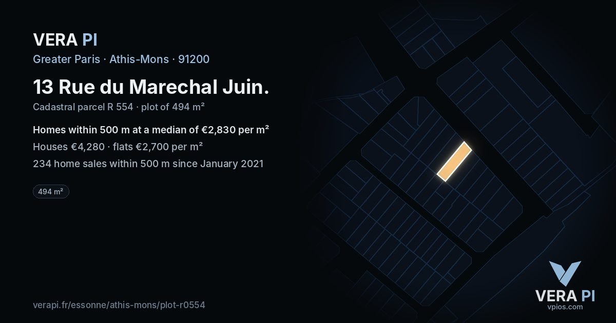 13 Rue du Marechal Juin, Athis-Mons at night – the plot lit, the parcels around coloured by the prices near them