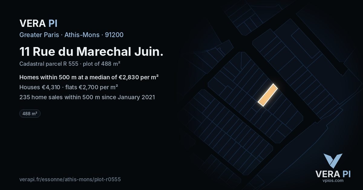 11 Rue du Marechal Juin, Athis-Mons at night – the plot lit, the parcels around coloured by the prices near them
