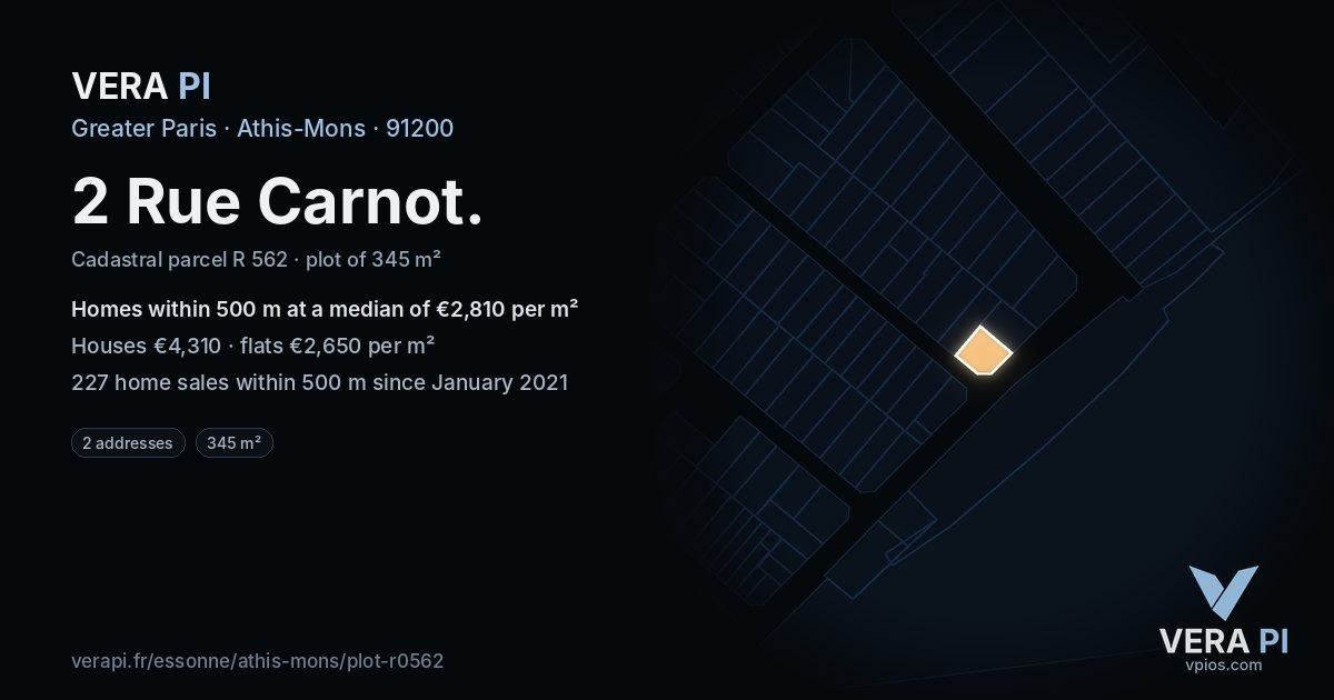 2 Rue Carnot, Athis-Mons at night – the plot lit, the parcels around coloured by the prices near them
