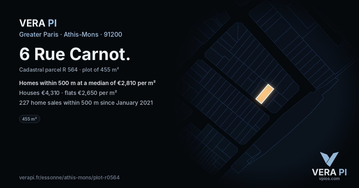 6 Rue Carnot, Athis-Mons at night – the plot lit, the parcels around coloured by the prices near them