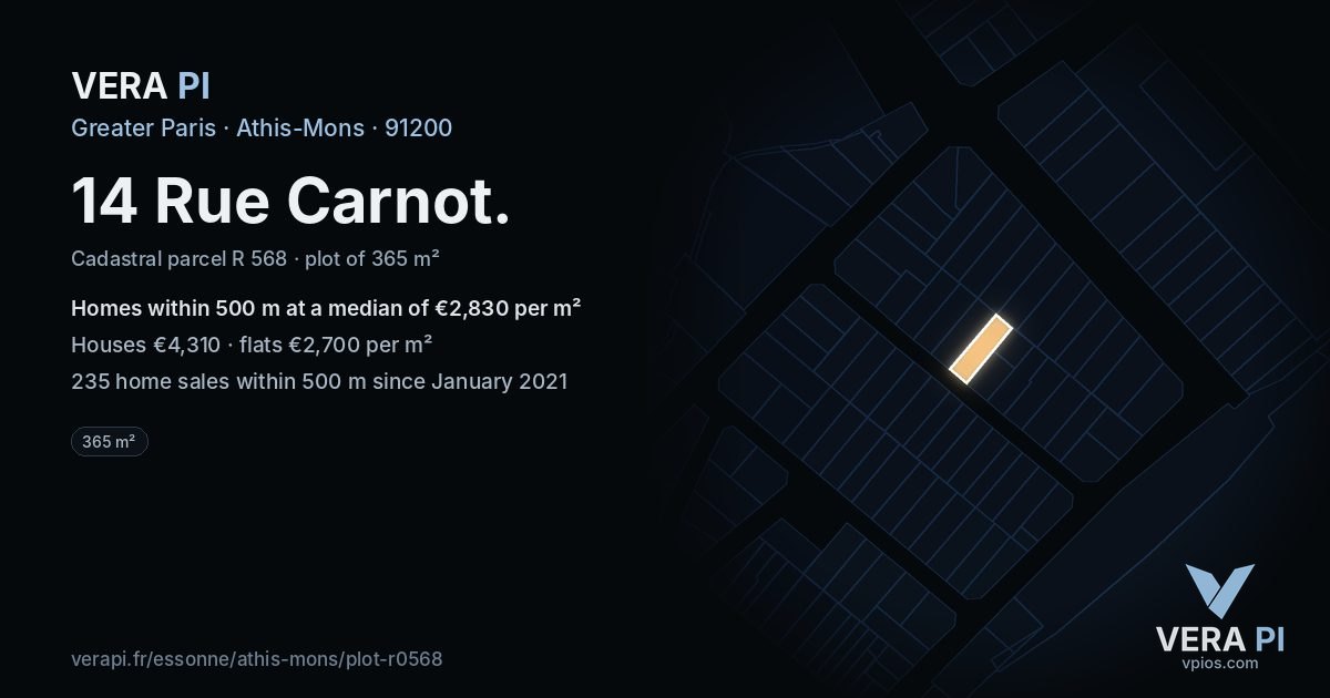 14 Rue Carnot, Athis-Mons at night – the plot lit, the parcels around coloured by the prices near them