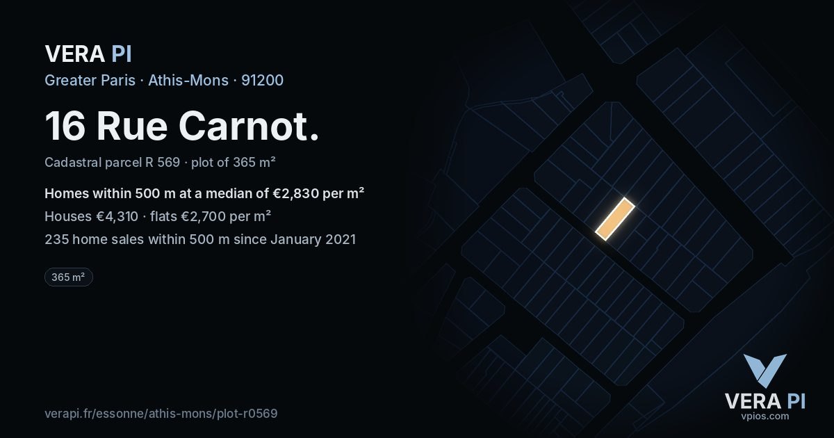 16 Rue Carnot, Athis-Mons at night – the plot lit, the parcels around coloured by the prices near them