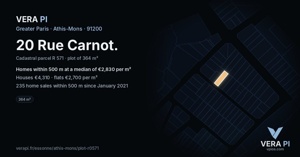 20 Rue Carnot, Athis-Mons at night – the plot lit, the parcels around coloured by the prices near them