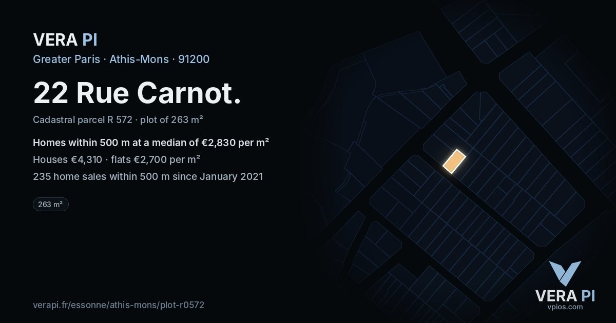 22 Rue Carnot, Athis-Mons at night – the plot lit, the parcels around coloured by the prices near them