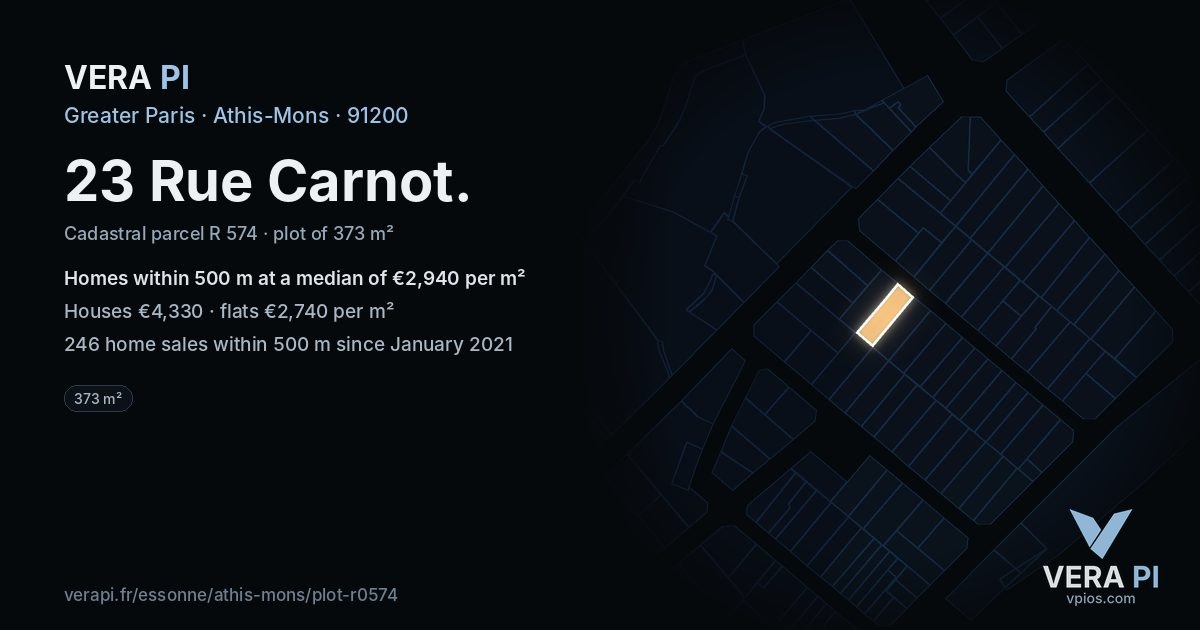 23 Rue Carnot, Athis-Mons at night – the plot lit, the parcels around coloured by the prices near them
