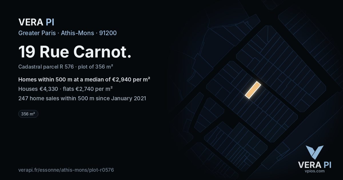 19 Rue Carnot, Athis-Mons at night – the plot lit, the parcels around coloured by the prices near them