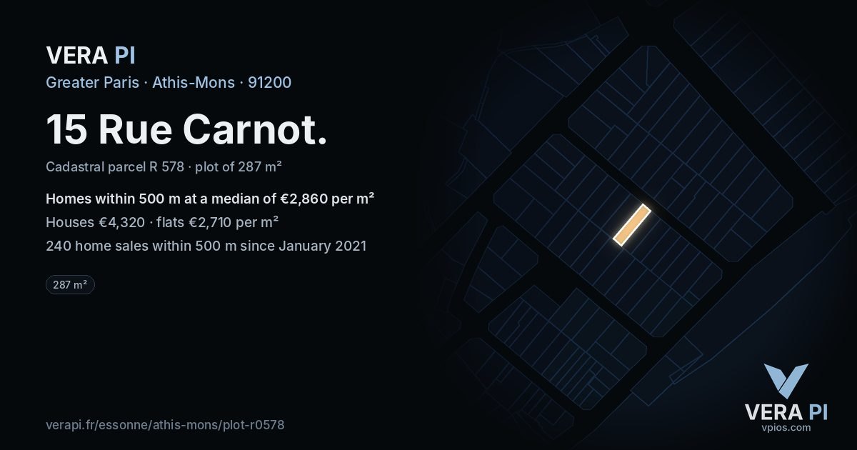 15 Rue Carnot, Athis-Mons at night – the plot lit, the parcels around coloured by the prices near them