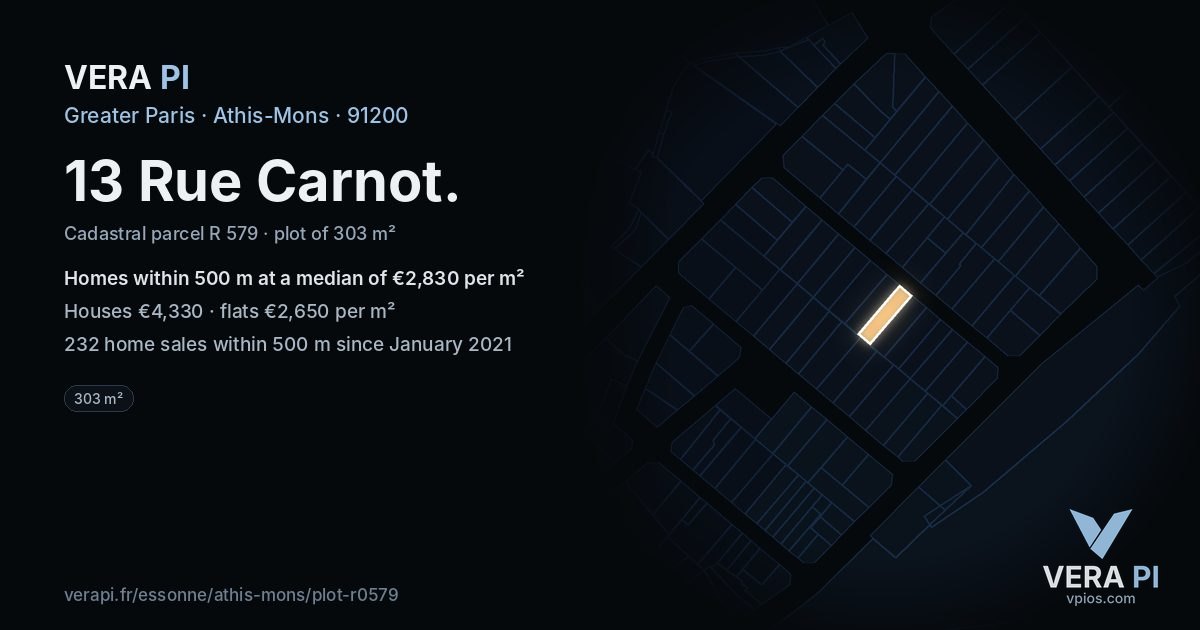 13 Rue Carnot, Athis-Mons at night – the plot lit, the parcels around coloured by the prices near them