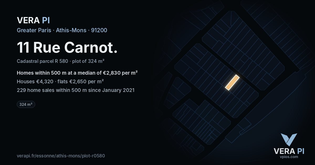 11 Rue Carnot, Athis-Mons at night – the plot lit, the parcels around coloured by the prices near them