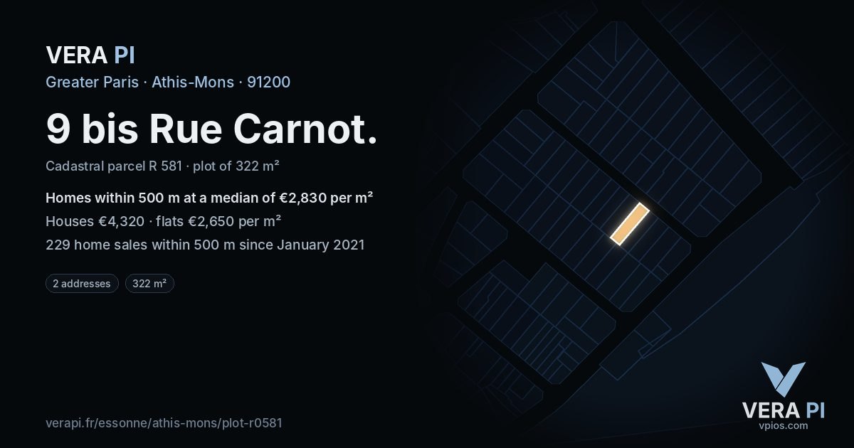 9 bis Rue Carnot, Athis-Mons at night – the plot lit, the parcels around coloured by the prices near them