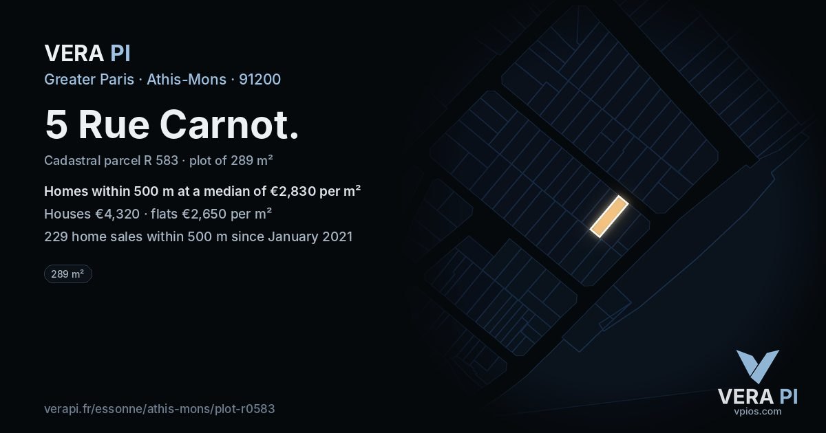 5 Rue Carnot, Athis-Mons at night – the plot lit, the parcels around coloured by the prices near them