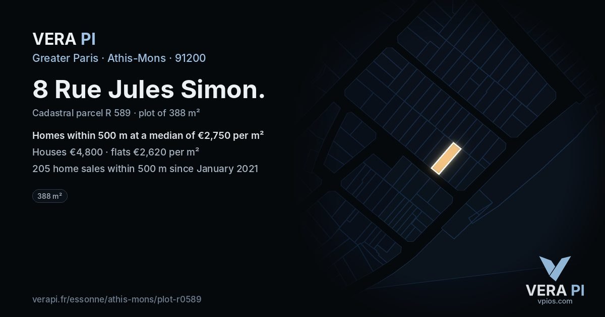 8 Rue Jules Simon, Athis-Mons at night – the plot lit, the parcels around coloured by the prices near them