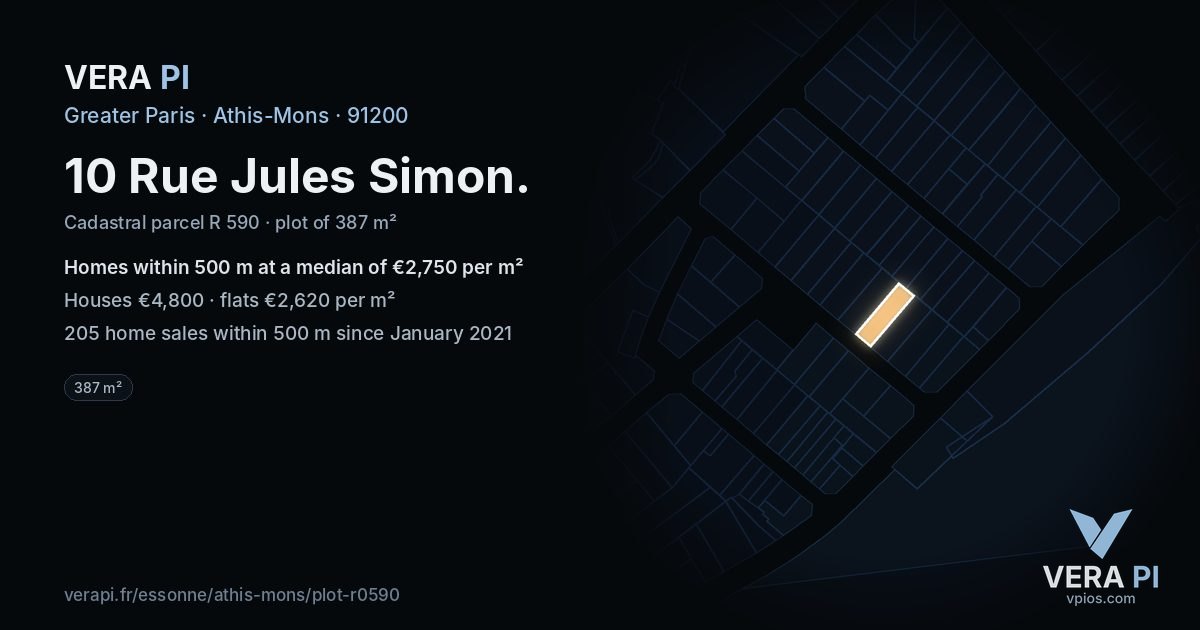 10 Rue Jules Simon, Athis-Mons at night – the plot lit, the parcels around coloured by the prices near them