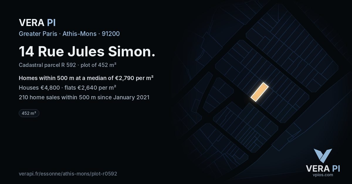 14 Rue Jules Simon, Athis-Mons at night – the plot lit, the parcels around coloured by the prices near them