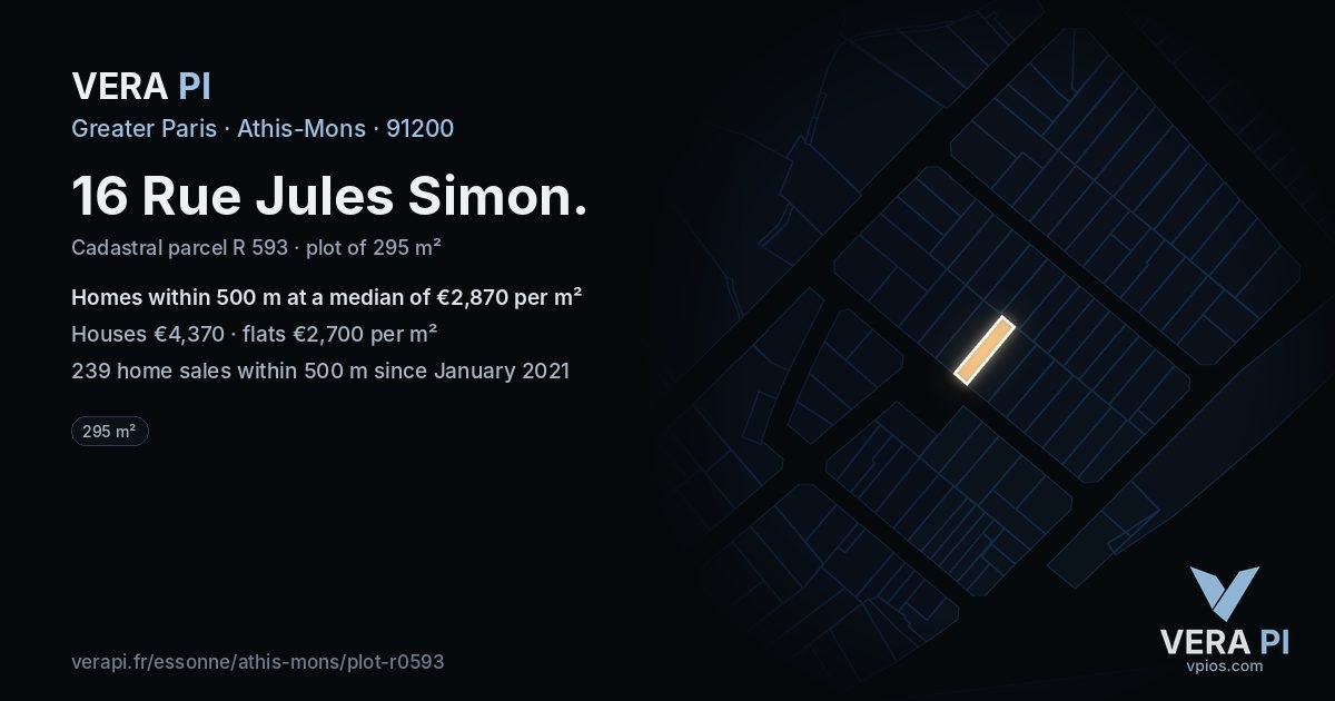 16 Rue Jules Simon, Athis-Mons at night – the plot lit, the parcels around coloured by the prices near them