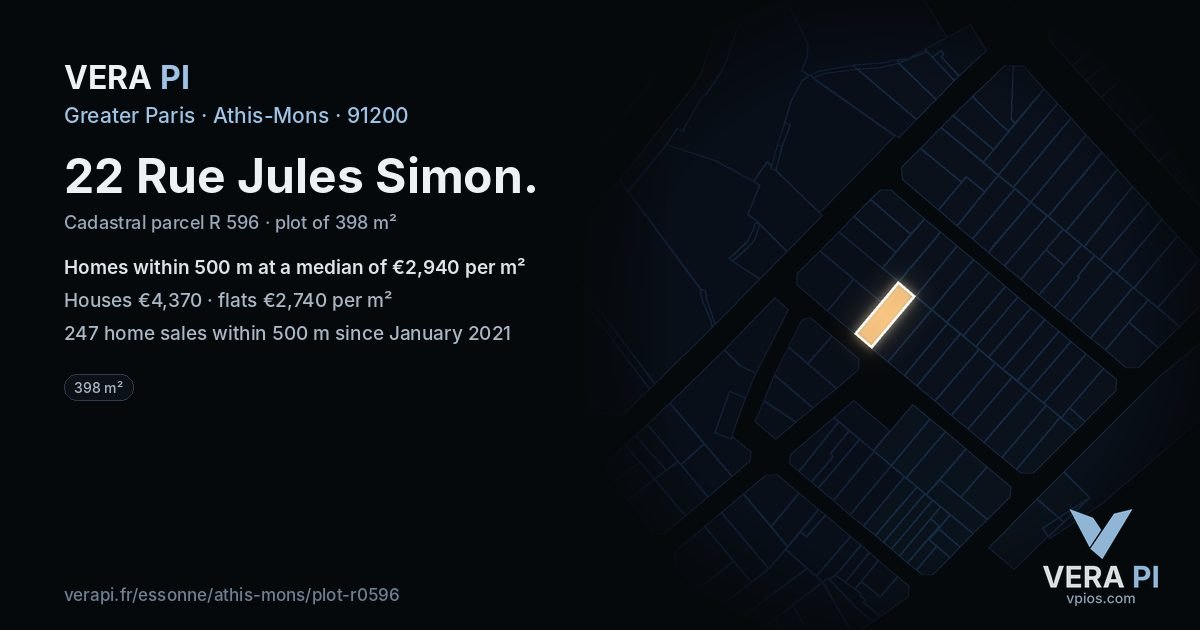 22 Rue Jules Simon, Athis-Mons at night – the plot lit, the parcels around coloured by the prices near them