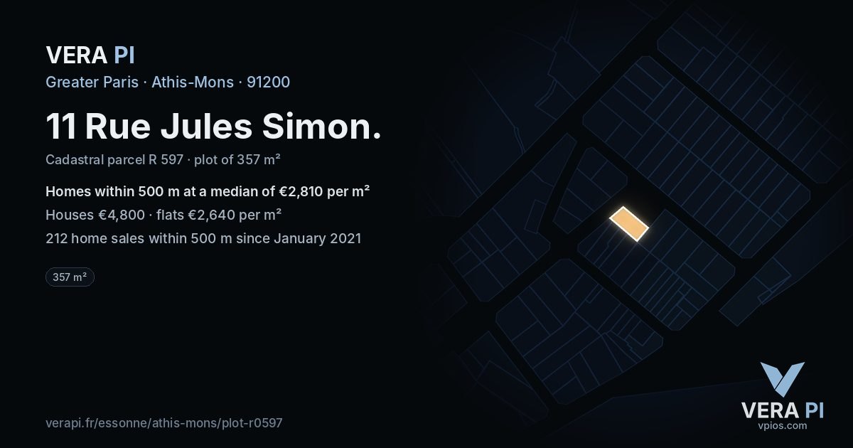 11 Rue Jules Simon, Athis-Mons at night – the plot lit, the parcels around coloured by the prices near them